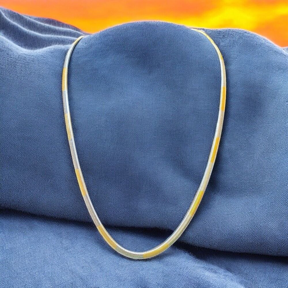 Vintage Bi-Color Slinky Snake Chain Necklace Alternating  Gold & Silver Tone 20"